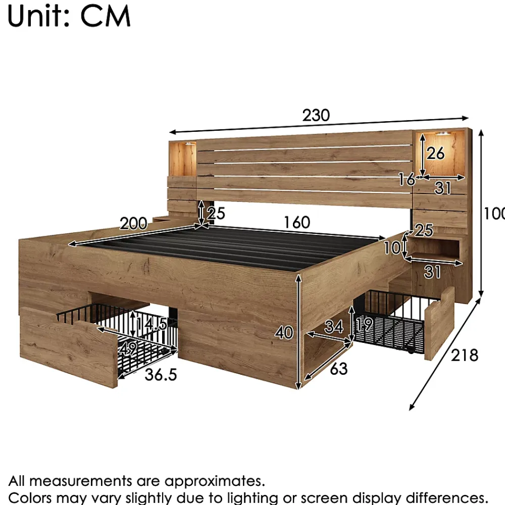 ModernLuxe Lit adulte 160x200 cm en bois+MDF - avec table de chevet suspendue - LED + prises chargement - Naturel (sans matelas)* Lit Avec Rangement