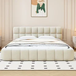 Lit adulte 140x190 cm, lin beige, dossier moelleux, sommier à lattes, tête de lit rembourrée.>Simple Life Clearance