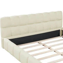 Lit adulte 140x190 cm, lin beige, dossier moelleux, sommier à lattes, tête de lit rembourrée.><noscript><img width=