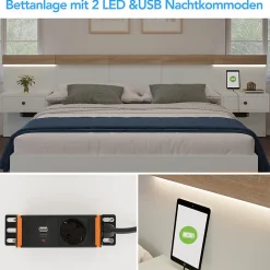 Lit adulte 140x200 cm, lit double avec chevets suspendus, led et prise usb type c, cadre en bois, chêne + blanc (sans matelas)><noscript><img width=