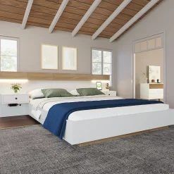 Gutent Lit adulte 160x200 cm, lit double avec chevets suspendus, led et prise usb type c, cadre en bois, chêne + blanc (sans matelas)* Lit Double