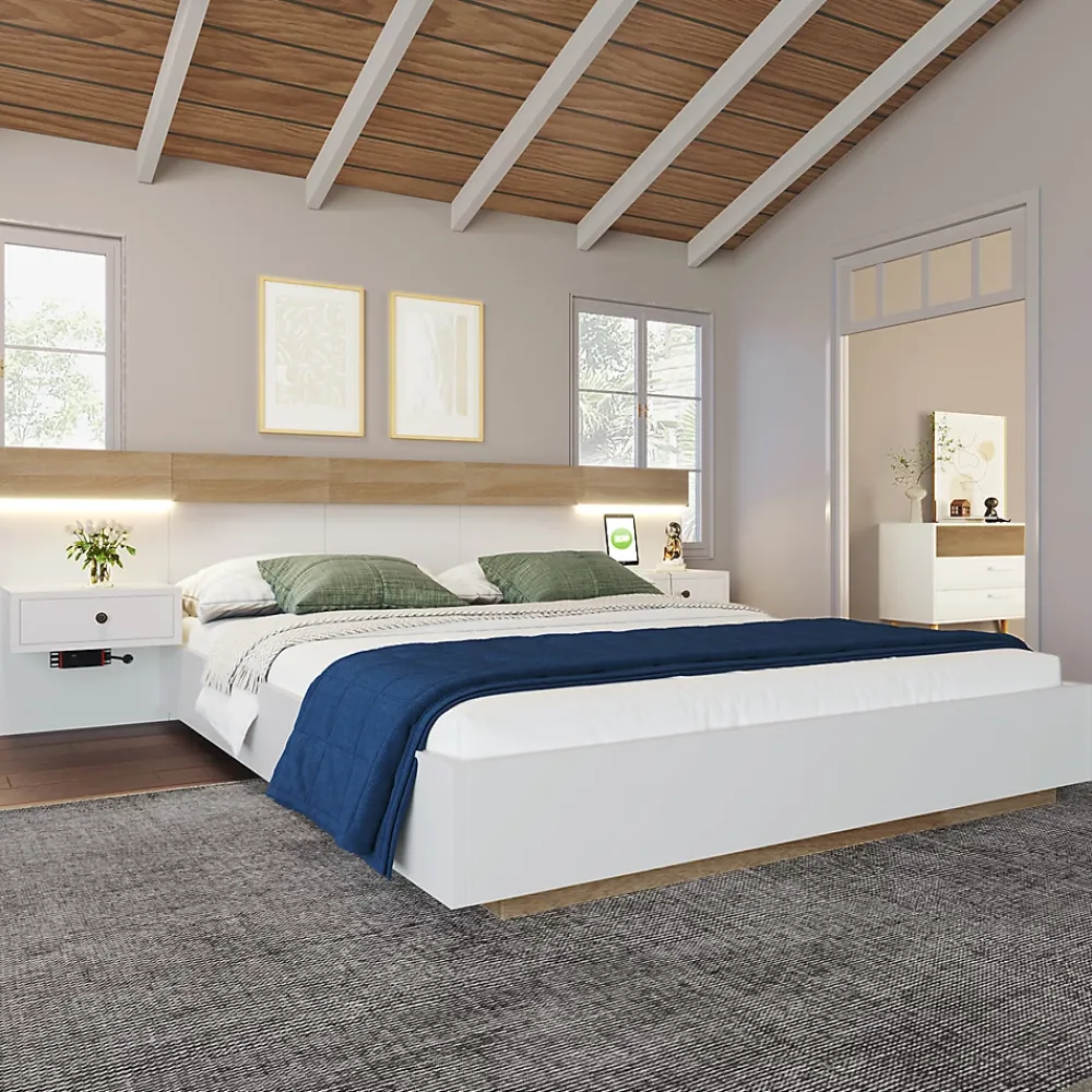 Gutent Lit adulte 160x200 cm, lit double avec chevets suspendus, led et prise usb type c, cadre en bois, chêne + blanc (sans matelas)* Lit Double