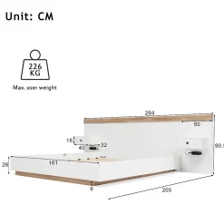 Gutent Lit adulte 160x200 cm, lit double avec chevets suspendus, led et prise usb type c, cadre en bois, chêne + blanc (sans matelas)* Lit Double