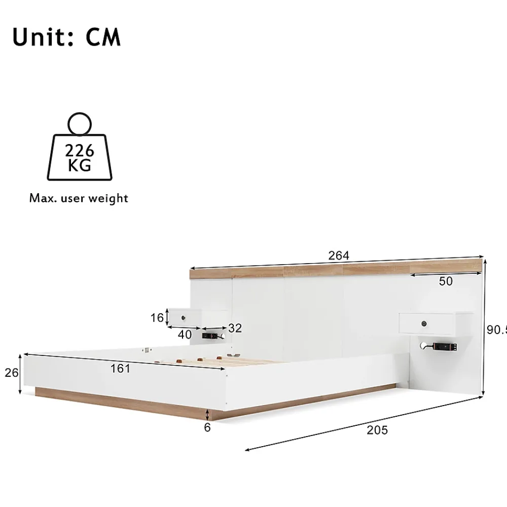 Gutent Lit adulte 160x200 cm, lit double avec chevets suspendus, led et prise usb type c, cadre en bois, chêne + blanc (sans matelas)* Lit Double