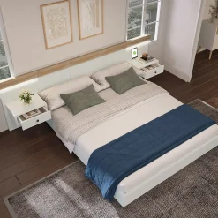 Gutent Lit adulte 160x200 cm, lit double avec chevets suspendus, led et prise usb type c, cadre en bois, chêne + blanc (sans matelas)* Lit Double