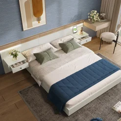 Lit adulte 180x200 cm, lit double avec chevets suspendus, led et prise usb typ c, cadre en bois, chêne + blanc (sans matelas)>Gutent New