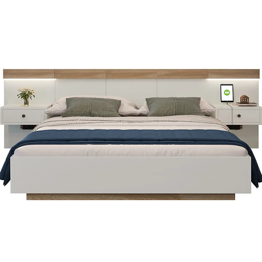 Lit adulte 180x200 cm, lit double avec chevets suspendus, led et prise usb typ c, cadre en bois, chêne + blanc (sans matelas)>Gutent New
