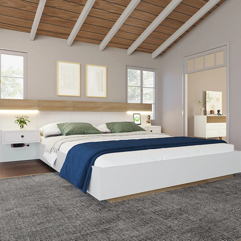 Lit adulte 180x200 cm, lit double avec chevets suspendus, led et prise usb typ c, cadre en bois, chêne + blanc (sans matelas)>Gutent New
