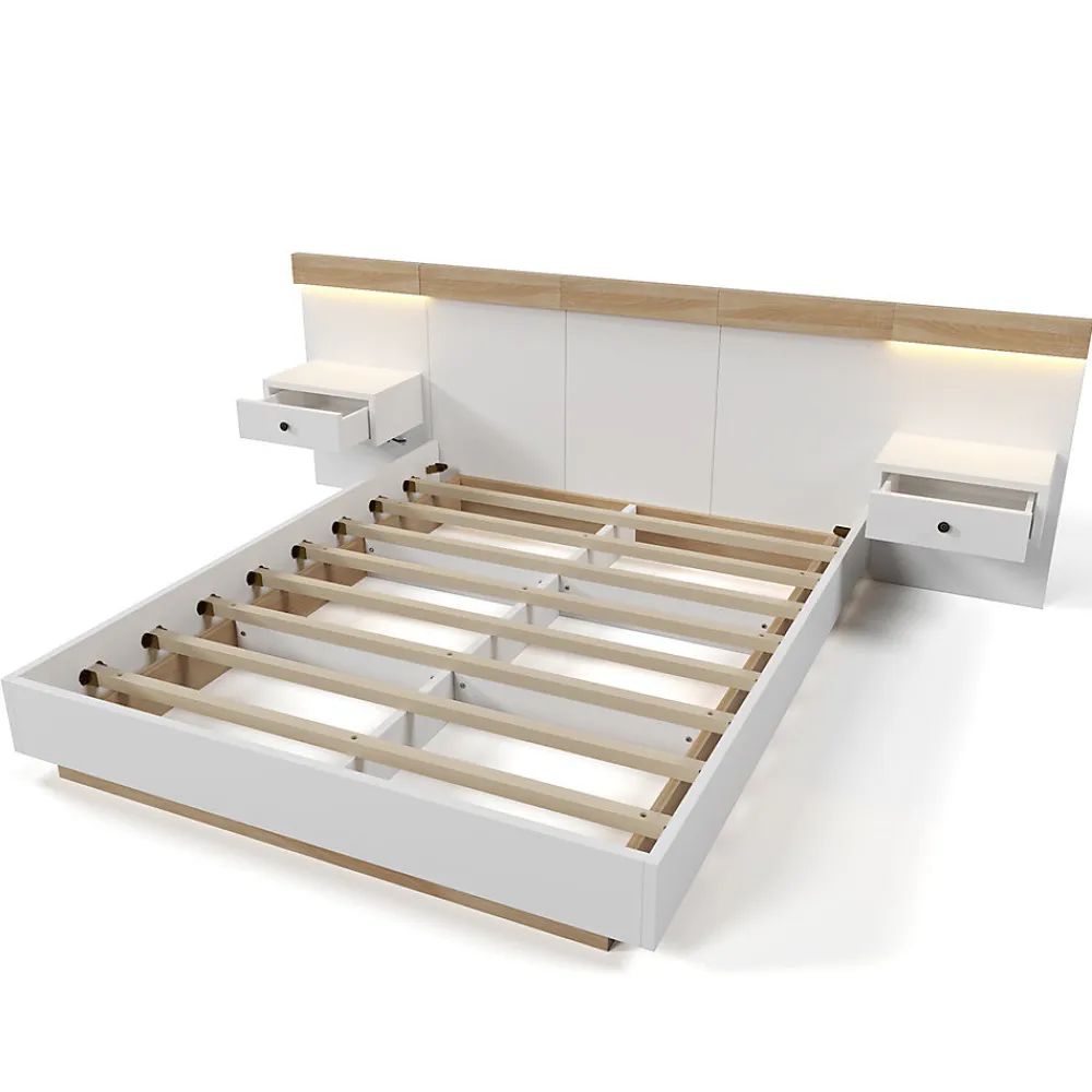 Lit adulte 180x200 cm, lit double avec chevets suspendus, led et prise usb typ c, cadre en bois, chêne + blanc (sans matelas)>Gutent New