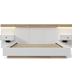 Lit adulte 180x200 cm, lit double avec chevets suspendus, led et prise usb typ c, cadre en bois, chêne + blanc (sans matelas)><noscript><img width=