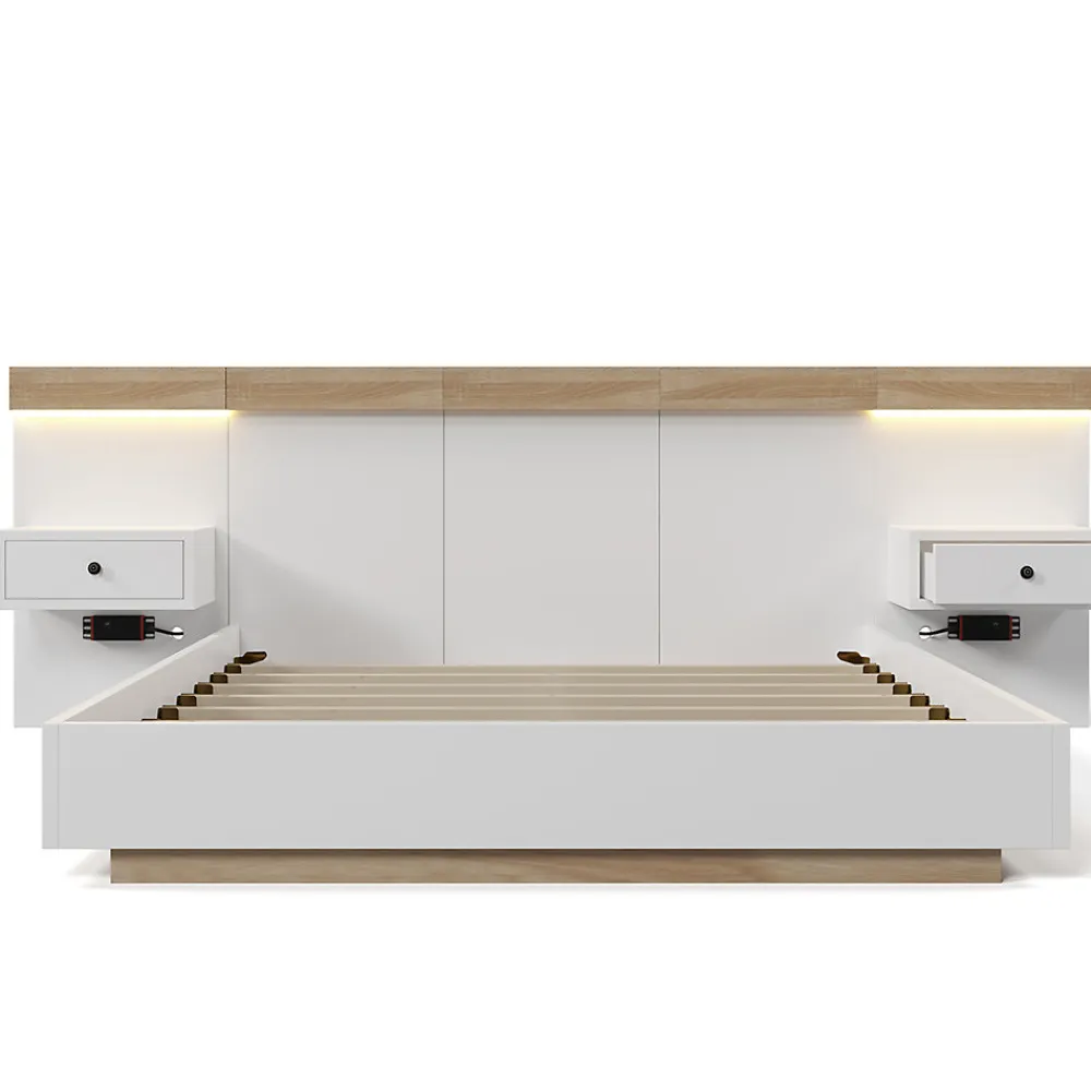 Lit adulte 180x200 cm, lit double avec chevets suspendus, led et prise usb typ c, cadre en bois, chêne + blanc (sans matelas)>Gutent New