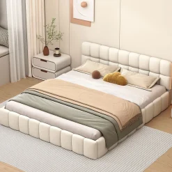 Lit adulte 140x200 cm, lit rembourré en lin, dossier moelleux, sommier à lattes, tête de lit, Beige><noscript><img width=