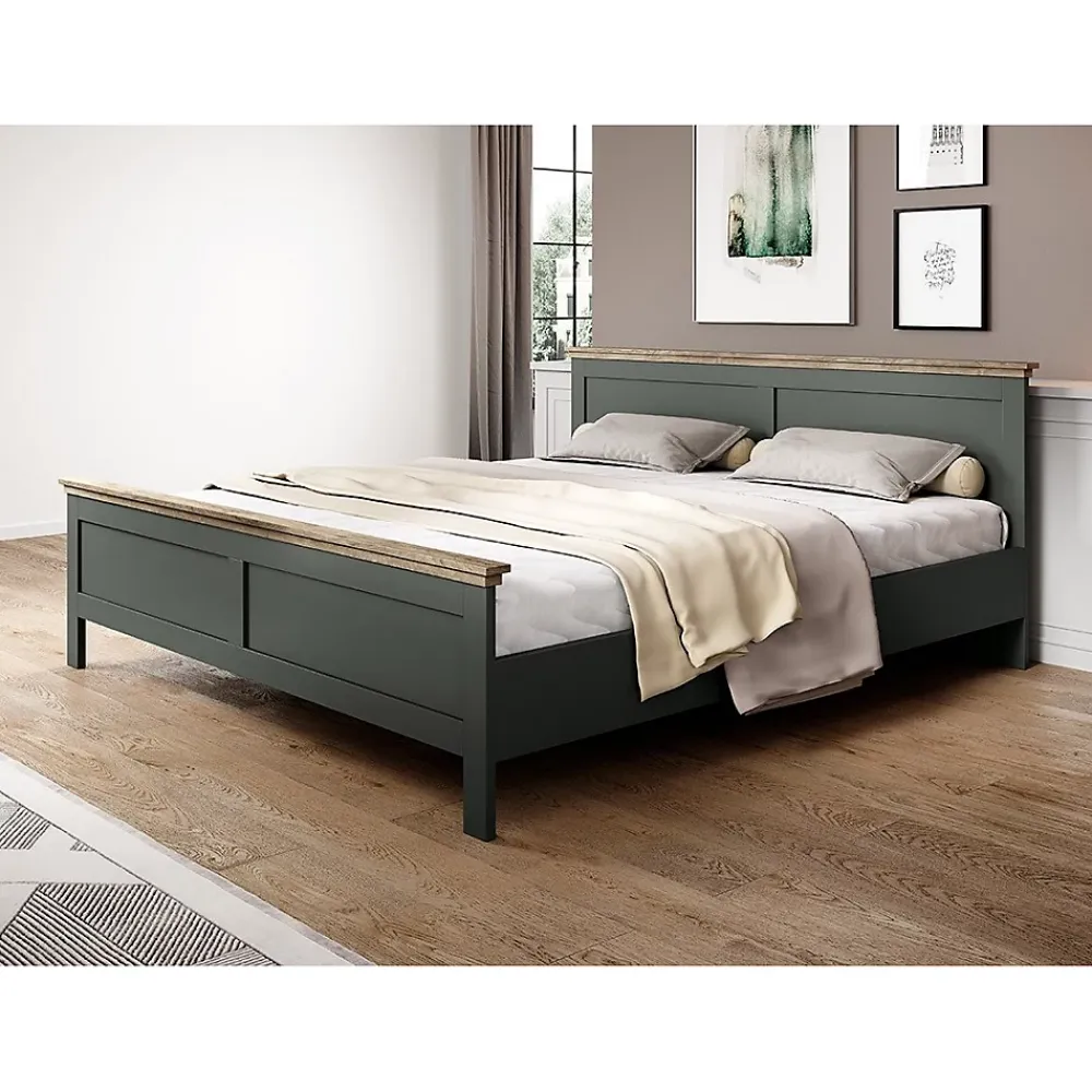 Meublorama Lit adulte 180x200 collection ASSIA. Coloris vert kaki et finitions aspect chene* Lit Double