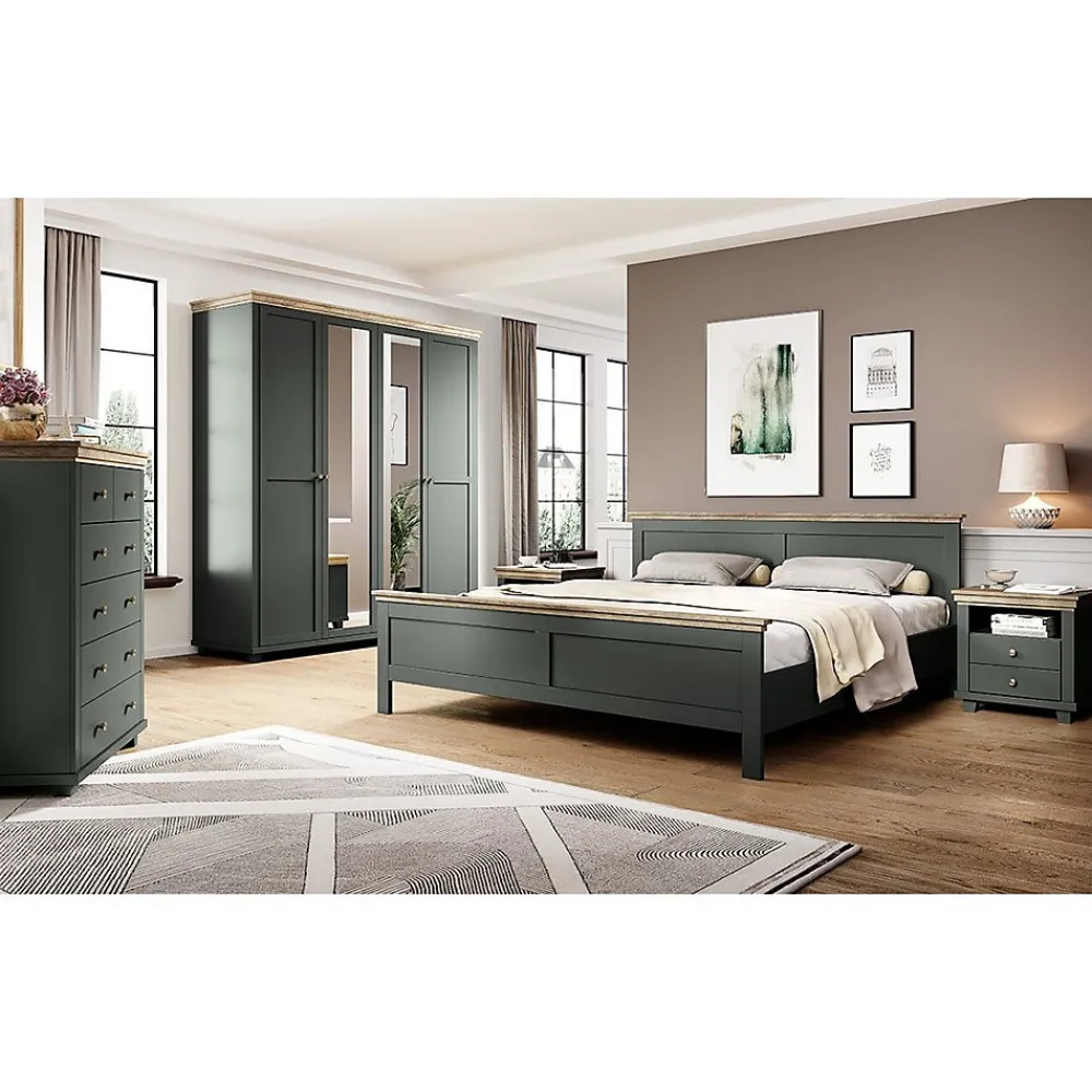Lit adulte 180x200 collection ASSIA. Coloris vert kaki et finitions aspect chene.>Meublorama Discount