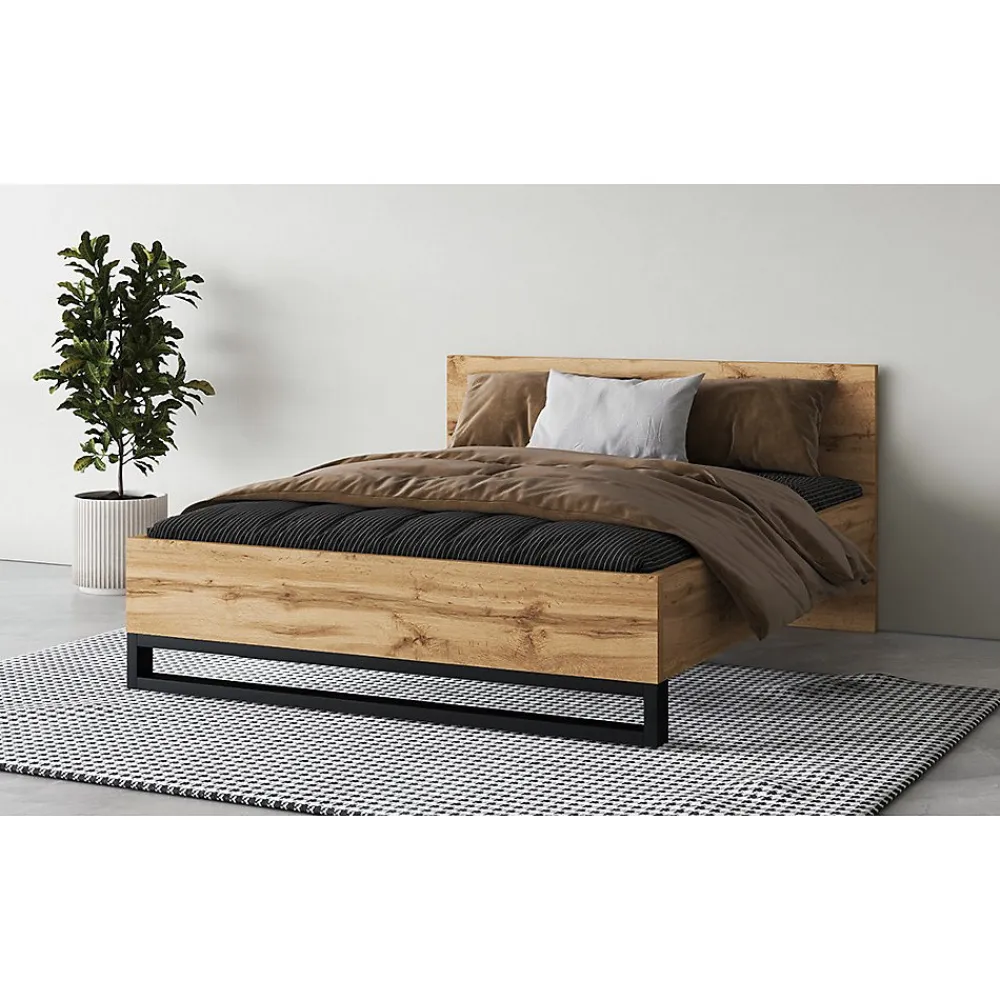 Lit adulte 160x200 style industriel - Collection MILOS. Coloris chene brut et noir. Sommier inclus>Meublorama Online