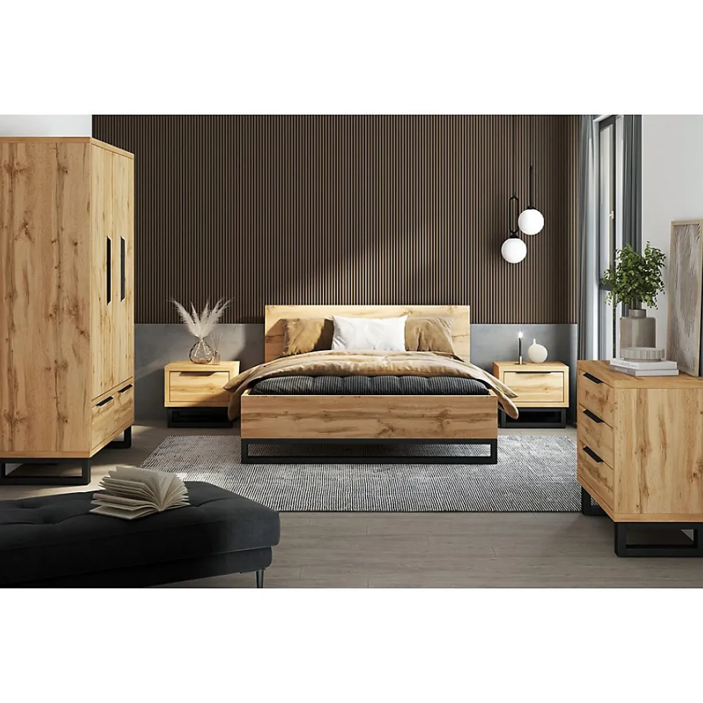 Lit adulte 160x200 style industriel - Collection MILOS. Coloris chene brut et noir. Sommier inclus>Meublorama Online
