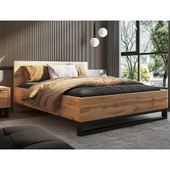 Lit adulte 160x200 style industriel - Collection MILOS. Coloris chene brut et noir. Sommier inclus><noscript><img width=