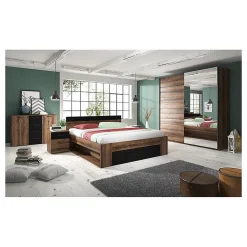 Lit adulte 180x200, tiroirs intégrés et sommier inclus - Collection EOS. Coloris chene foncé et noir><noscript><img width=