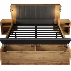 ModernLuxe Lit adulte 180x200cm - lampe de lecture+prises chargement+banquette de rangement - 2 tables de chevet - Naturel (sans matelas)* Lit Avec Rangement