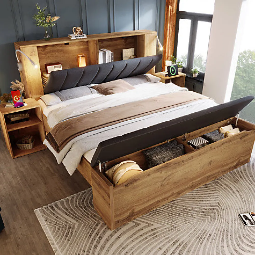 ModernLuxe Lit adulte 180x200cm - lampe de lecture+prises chargement+banquette de rangement - 2 tables de chevet - Naturel (sans matelas)* Lit Avec Rangement