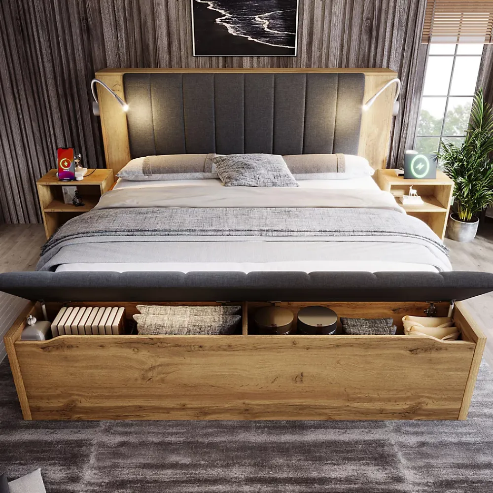 ModernLuxe Lit adulte 180x200cm - lampe de lecture+prises chargement+banquette de rangement - 2 tables de chevet - Naturel (sans matelas)* Lit Avec Rangement