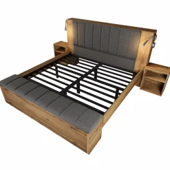 ModernLuxe Lit adulte 180x200cm - lampe de lecture+prises chargement+banquette de rangement - 2 tables de chevet - Naturel (sans matelas)* Lit Avec Rangement