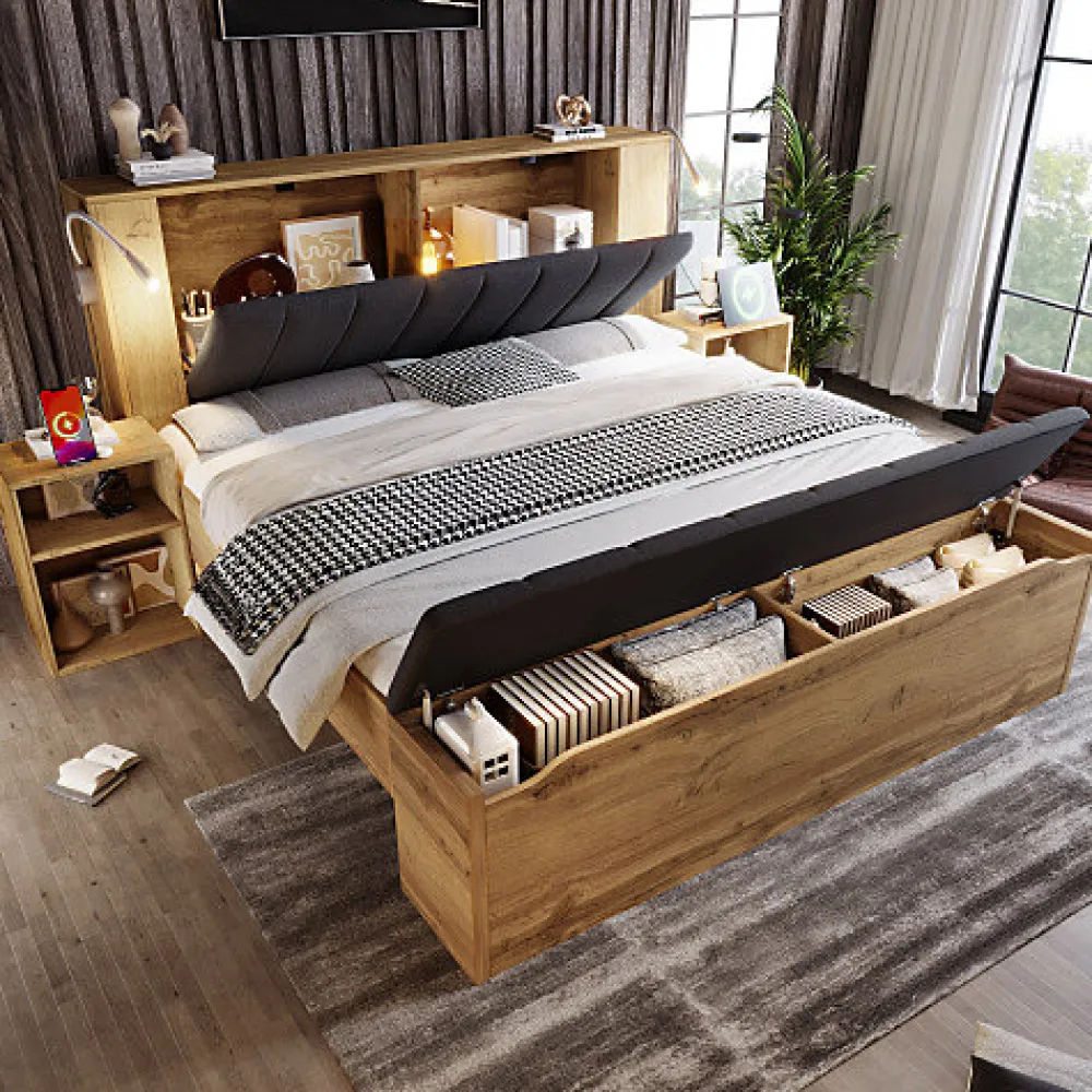 ModernLuxe Lit adulte 160x200cm - lampe de lecture+prises chargement+banquette de rangement - 2 tables de chevet - Naturel (sans matelas)* Lit Avec Rangement