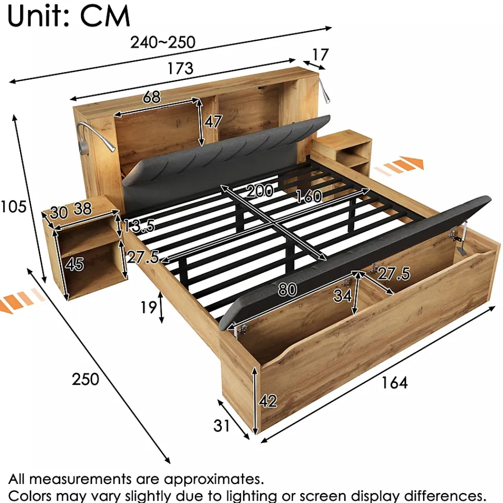 ModernLuxe Lit adulte 160x200cm - lampe de lecture+prises chargement+banquette de rangement - 2 tables de chevet - Naturel (sans matelas)* Lit Avec Rangement