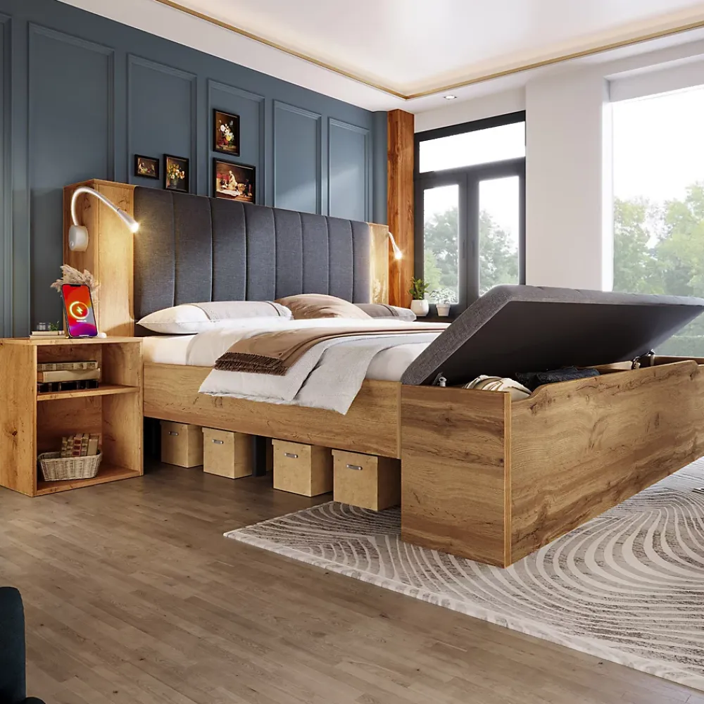 ModernLuxe Lit adulte 160x200cm - lampe de lecture+prises chargement+banquette de rangement - 2 tables de chevet - Naturel (sans matelas)* Lit Avec Rangement