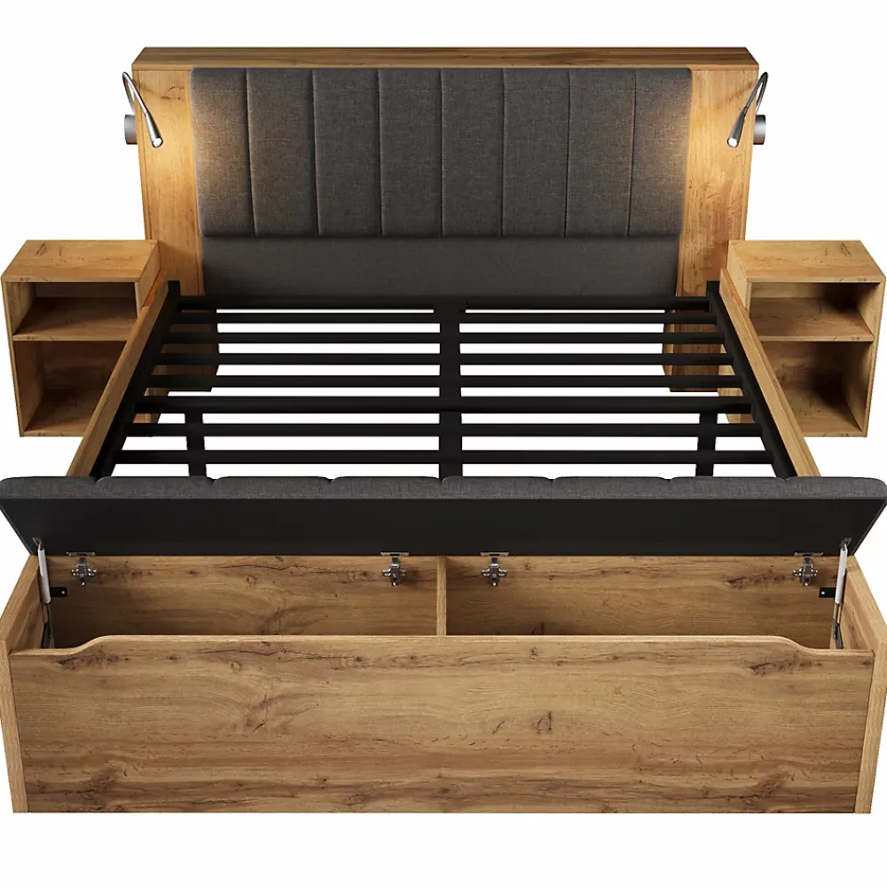 ModernLuxe Lit adulte 160x200cm - lampe de lecture+prises chargement+banquette de rangement - 2 tables de chevet - Naturel (sans matelas)* Lit Avec Rangement