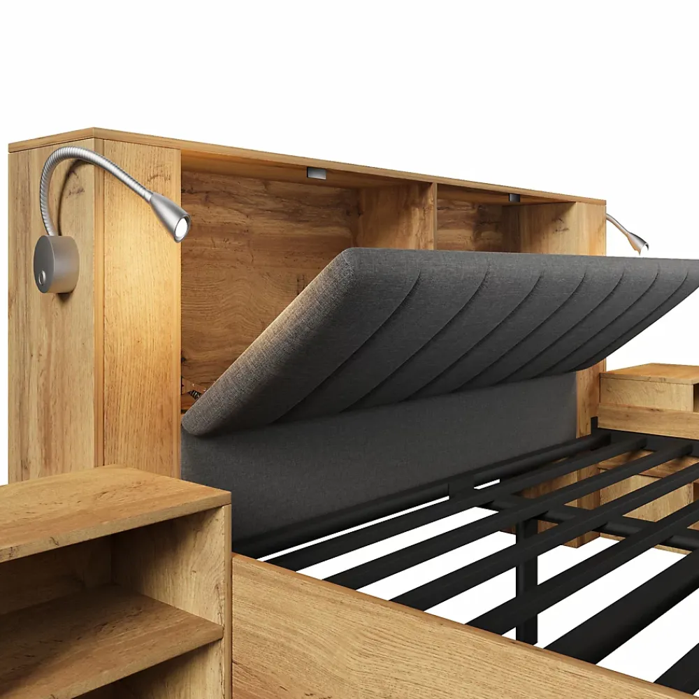 ModernLuxe Lit adulte 160x200cm - lampe de lecture+prises chargement+banquette de rangement - 2 tables de chevet - Naturel (sans matelas)* Lit Avec Rangement