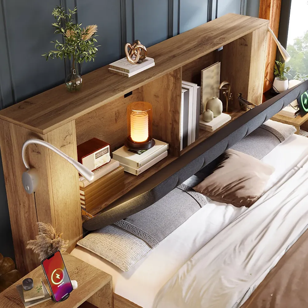 ModernLuxe Lit adulte 160x200cm - lampe de lecture+prises chargement+banquette de rangement - 2 tables de chevet - Naturel (sans matelas)* Lit Avec Rangement