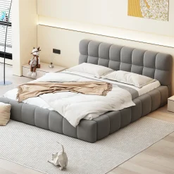 Lit adulte 160x200cm en lin avec dossier moelleux, lit plat avec sommier à lattes, gris>Simple Life Best