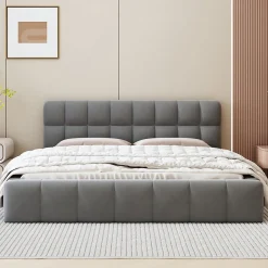 Lit adulte 160x200cm en lin avec dossier moelleux, lit plat avec sommier à lattes, gris>Simple Life Best