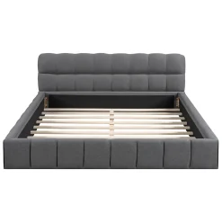 Lit adulte 160x200cm en lin avec dossier moelleux, lit plat avec sommier à lattes, gris><noscript><img width=