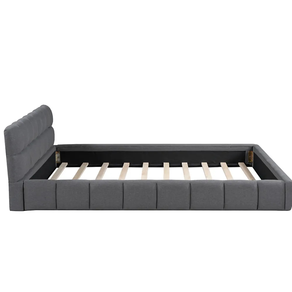 Lit adulte 160x200cm en lin avec dossier moelleux, lit plat avec sommier à lattes, gris>Simple Life Best