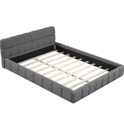 Lit adulte 160x200cm en lin avec dossier moelleux, lit plat avec sommier à lattes, gris><noscript><img width=