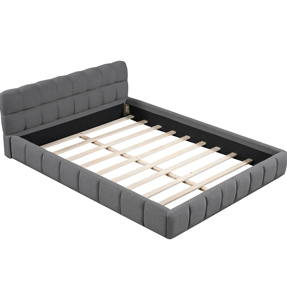 Lit adulte 160x200cm en lin avec dossier moelleux, lit plat avec sommier à lattes, gris>Simple Life Best