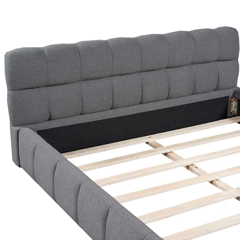 Lit adulte 160x200cm en lin avec dossier moelleux, lit plat avec sommier à lattes, gris>Simple Life Best
