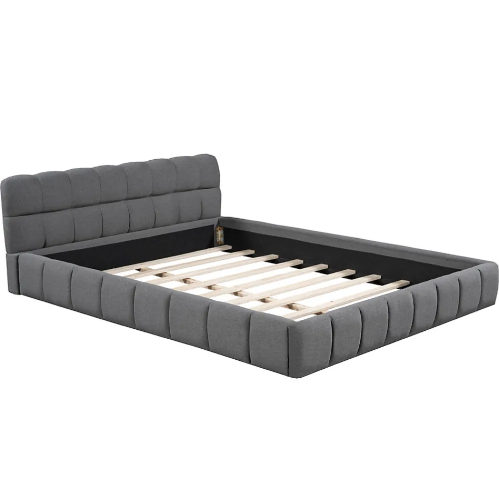Lit adulte 160x200cm en lin avec dossier moelleux, lit plat avec sommier à lattes, gris>Simple Life Best