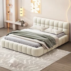 Lit adulte 140x200cm en lin avec dossier moelleux, Lit plat avec sommier à lattes, beige>Simple Life Hot