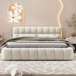 Lit adulte 140x200cm en lin avec dossier moelleux, Lit plat avec sommier à lattes, beige>Simple Life Hot