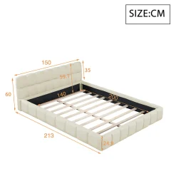 Lit adulte 140x200cm en lin avec dossier moelleux, Lit plat avec sommier à lattes, beige><noscript><img width=