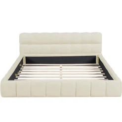 Lit adulte 140x200cm en lin avec dossier moelleux, Lit plat avec sommier à lattes, beige><noscript><img width=
