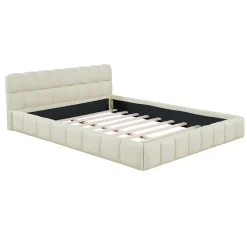Lit adulte 140x200cm en lin avec dossier moelleux, Lit plat avec sommier à lattes, beige><noscript><img width=