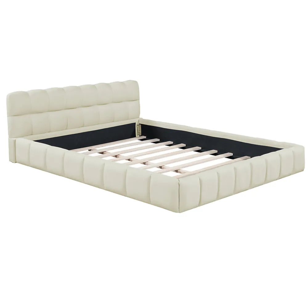 Lit adulte 140x200cm en lin avec dossier moelleux, Lit plat avec sommier à lattes, beige>Simple Life Hot