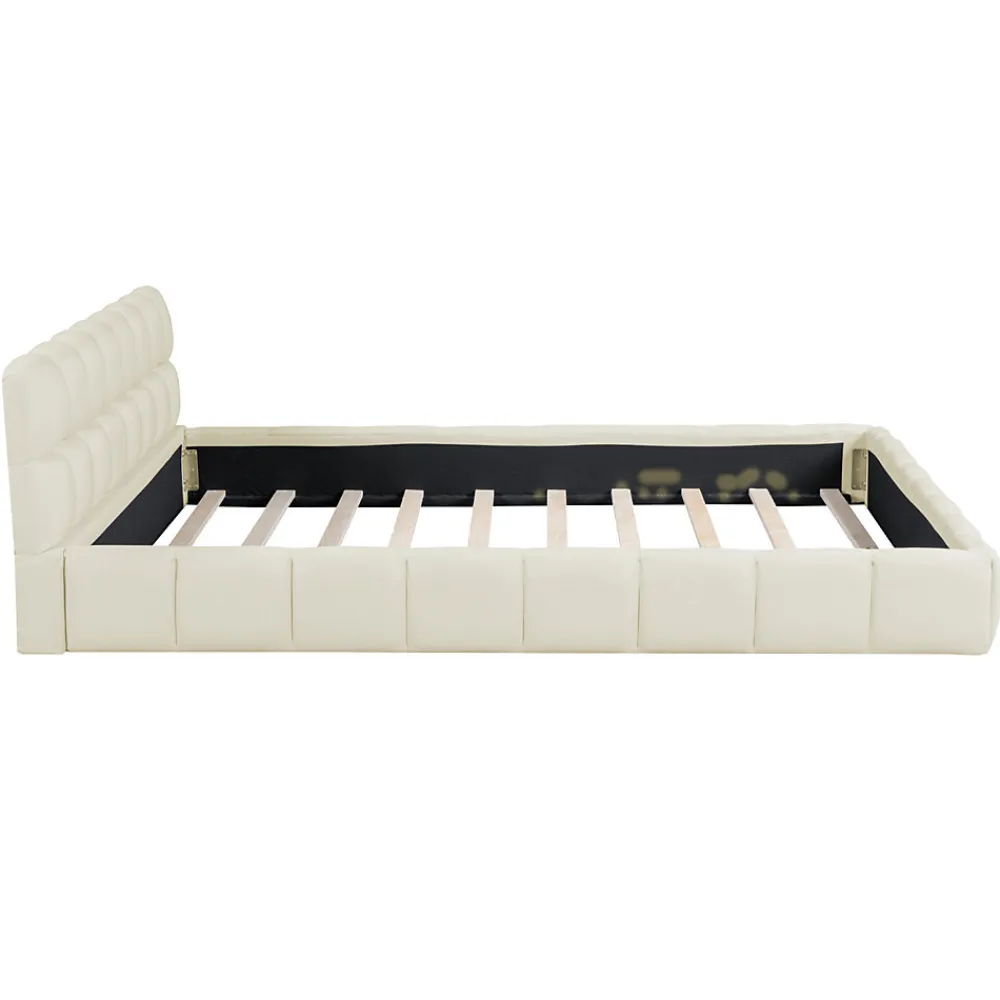 Lit adulte 160x200cm en lin avec dossier moelleux, lit plat avec sommier à lattes, beige>Simple Life Sale