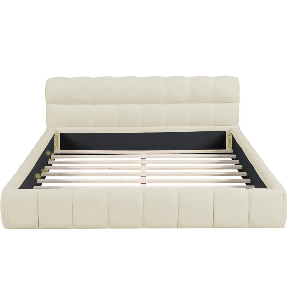 Lit adulte 160x200cm en lin avec dossier moelleux, lit plat avec sommier à lattes, beige>Simple Life Sale