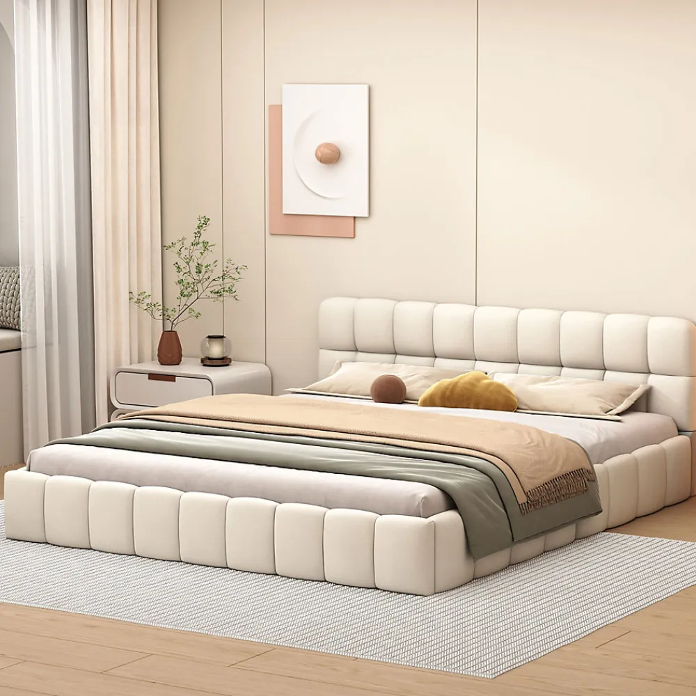 Lit adulte 160x200cm en lin avec dossier moelleux, lit plat avec sommier à lattes, beige>Simple Life Sale