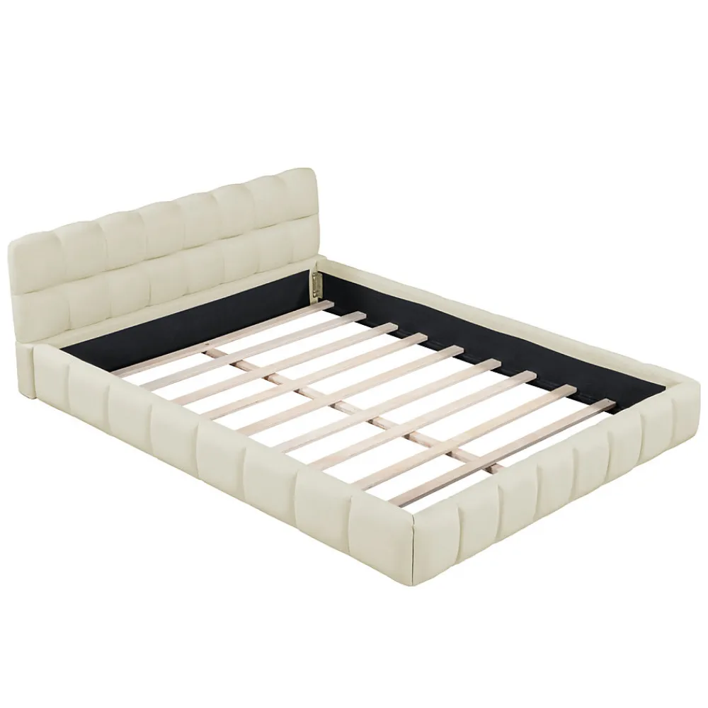 Lit adulte 160x200cm en lin avec dossier moelleux, lit plat avec sommier à lattes, beige>Simple Life Sale
